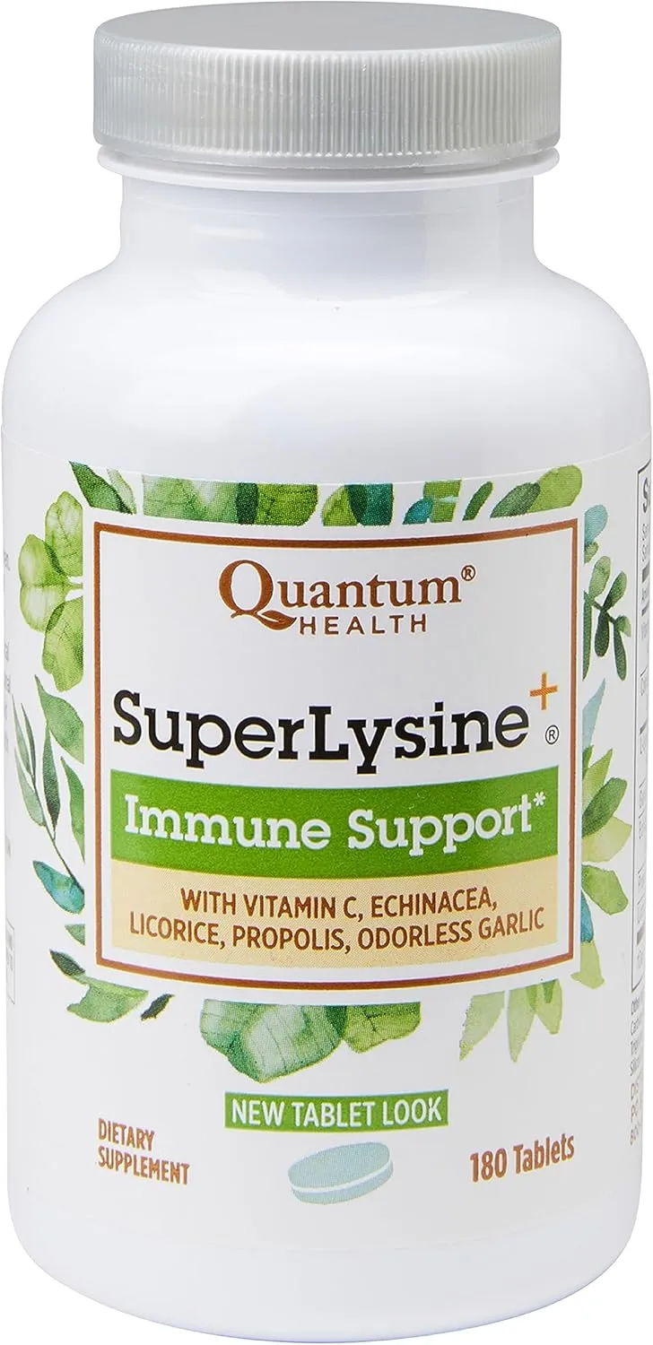 Quantum Health Super Lysine  / Advanced Formula Lysine  Immune Support with Vitamin C, Echinacea, Licorice, Propolis, Odorless Garlic (180 Tablets), Packaging may vary