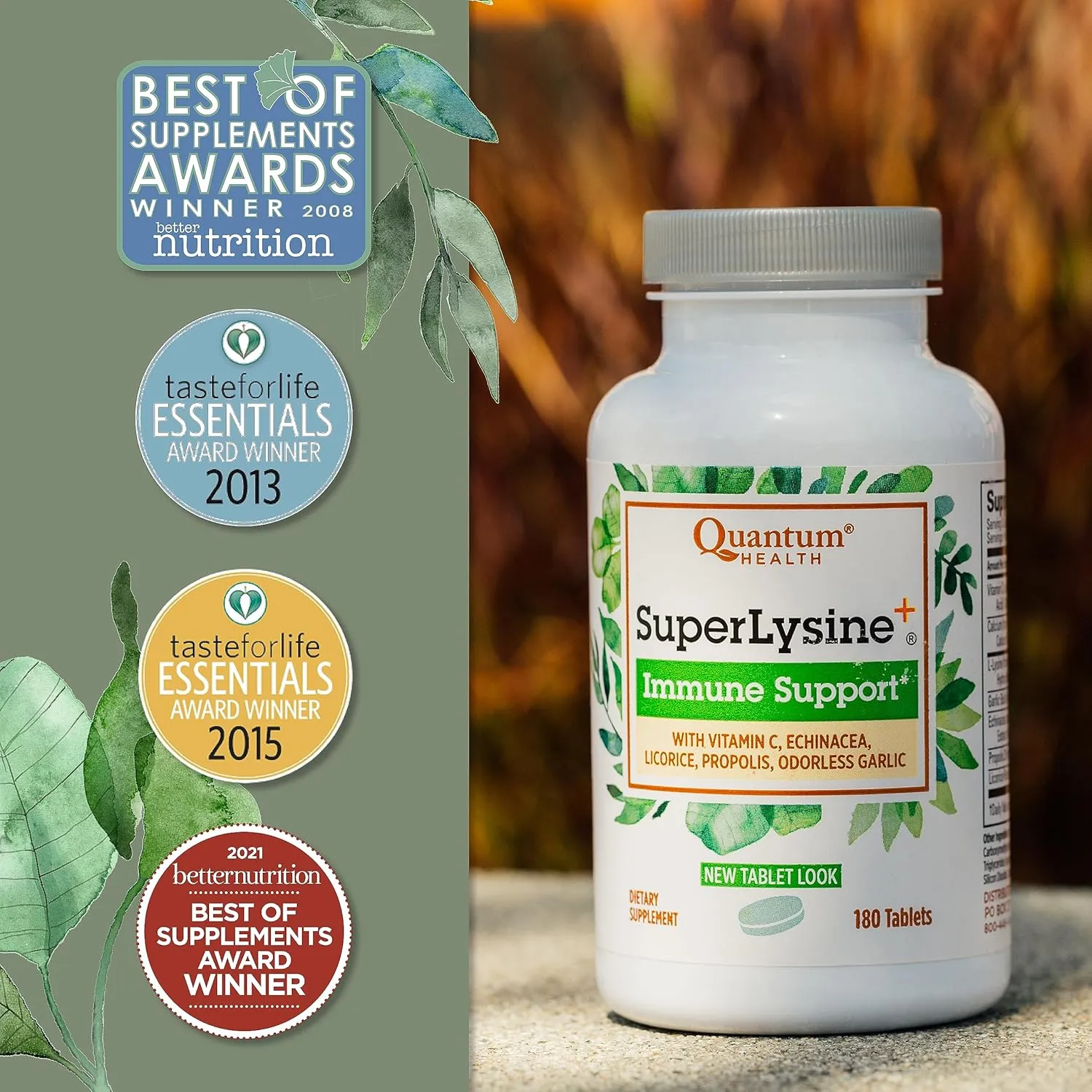Quantum Health Super Lysine  / Advanced Formula Lysine  Immune Support with Vitamin C, Echinacea, Licorice, Propolis, Odorless Garlic (180 Tablets), Packaging may vary