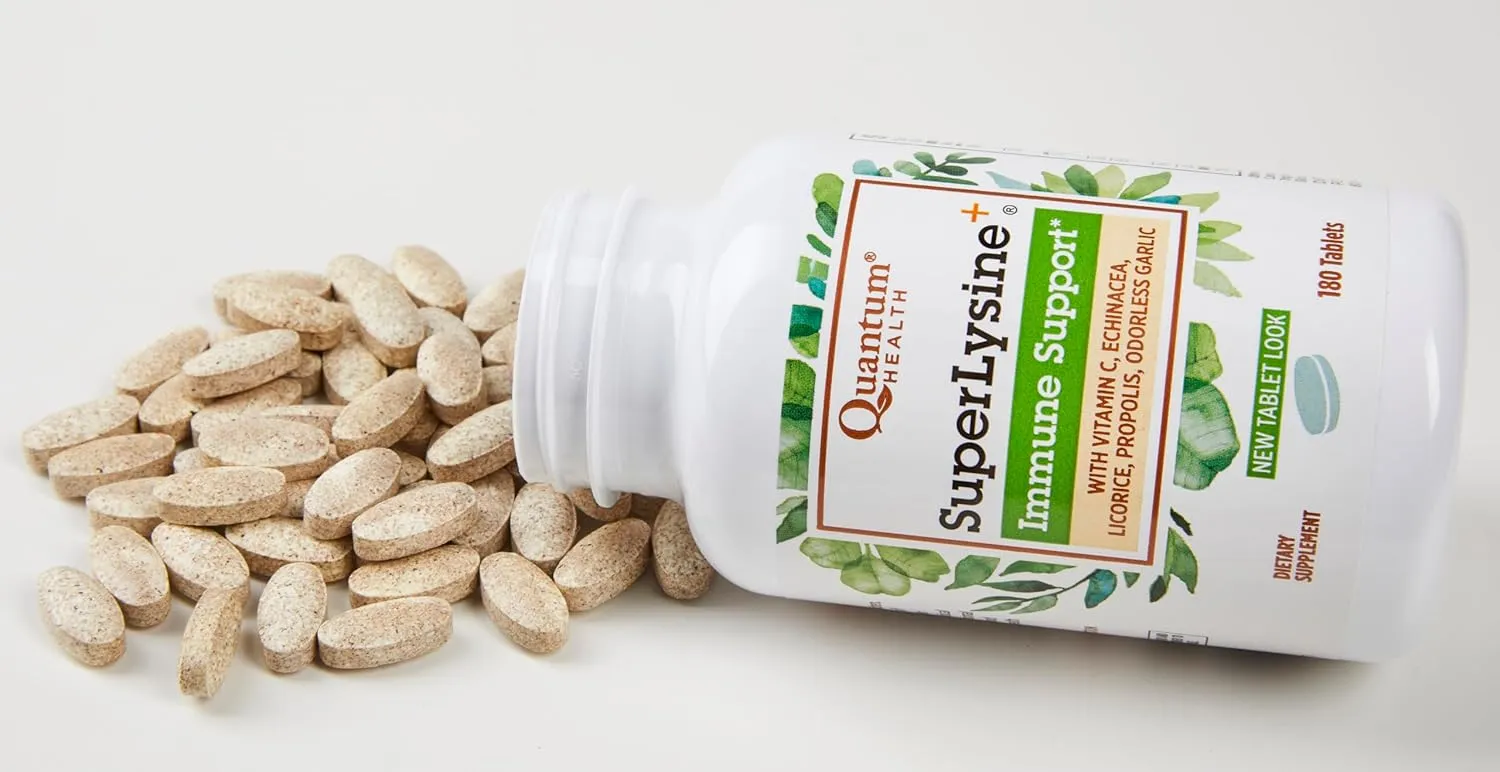 Quantum Health Super Lysine  / Advanced Formula Lysine  Immune Support with Vitamin C, Echinacea, Licorice, Propolis, Odorless Garlic (180 Tablets), Packaging may vary