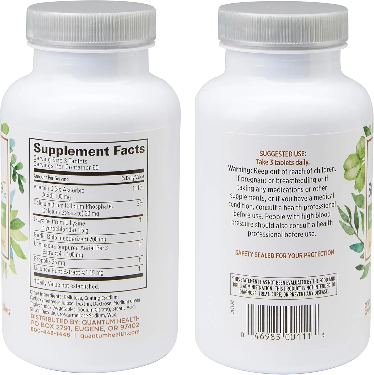 Quantum Health Super Lysine  / Advanced Formula Lysine  Immune Support with Vitamin C, Echinacea, Licorice, Propolis, Odorless Garlic (180 Tablets), Packaging may vary