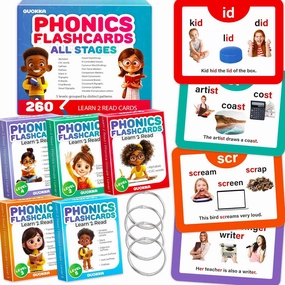 QUOKKA Phonics Flash Cards for Kids Ages 4-8 – 20 Phonic Stages 260 Card Games for Kids Ages 3-5 and 6-8 – Learn to Read Games & Reading Manipulatives for Phonemic Awareness – Alphabet CVC Blends etc
