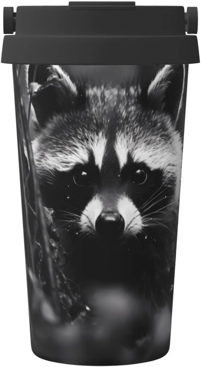 Raccoon in the jungle printed insulated coffee mug with airtight lid and handle, reusable, lightweight and stylish. Sports thermos mug.