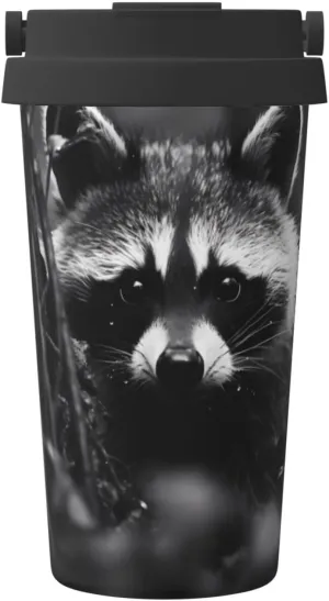 Raccoon in the jungle printed insulated coffee mug with airtight lid and handle, reusable, lightweight and stylish. Sports thermos mug.