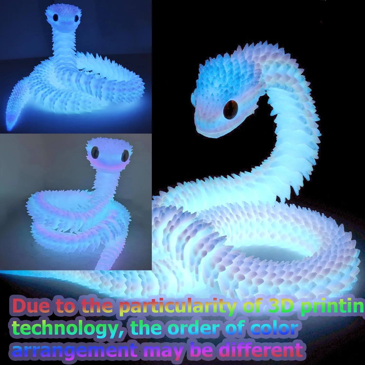 Rainbow 3D Printed Snake - 24” Extra Long Glow in The Dark Flexible Snake 3D Printed Animals Gift, Articulated Snakes Toys for Birthday, Home Decor,Sensory Toys (Glowing)