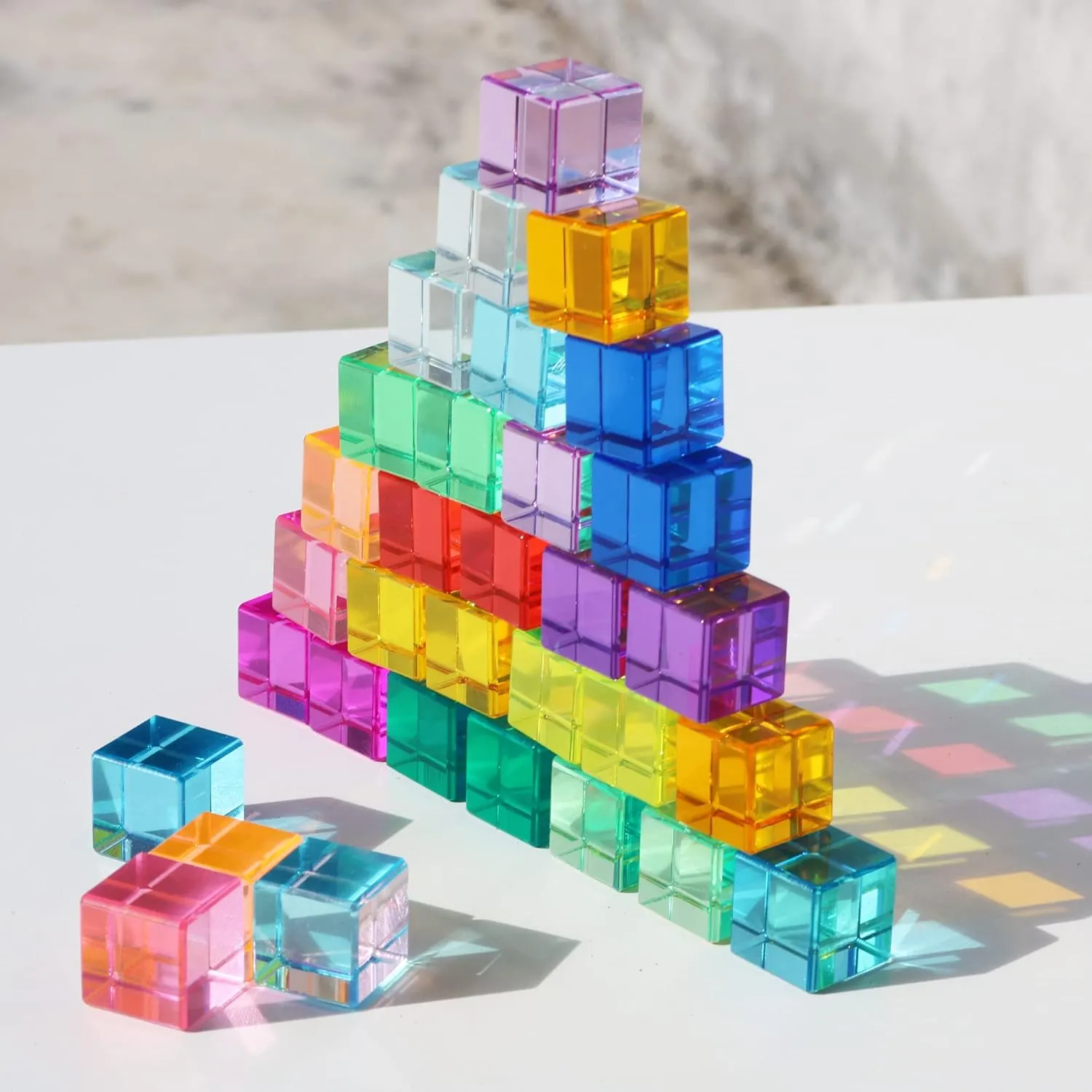 Rainbow Crystal Acrylic Cubes Children Learning Color Light Shadow Toy, Stacking Gem Blocks Sensory Building Blocks for Kids(32PCS)…