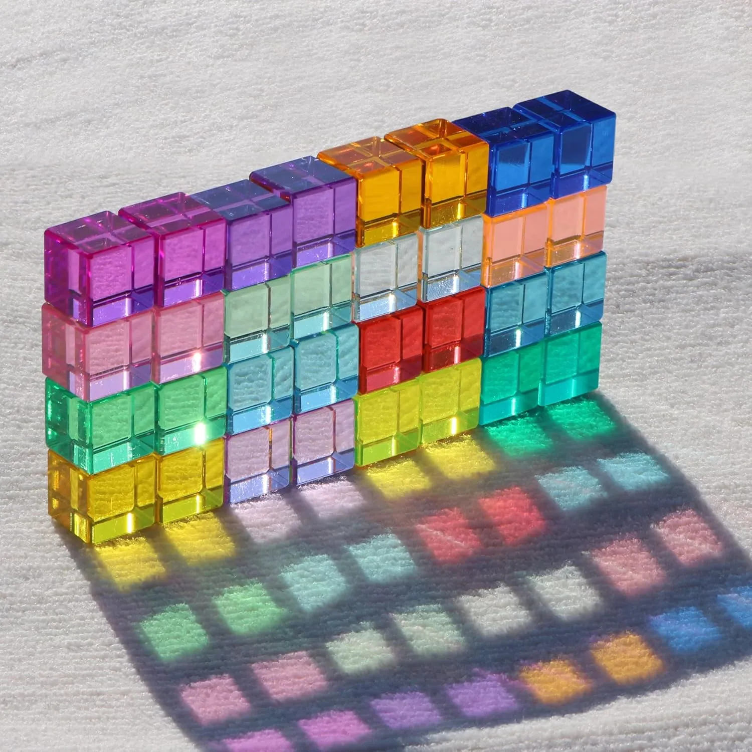 Rainbow Crystal Acrylic Cubes Children Learning Color Light Shadow Toy, Stacking Gem Blocks Sensory Building Blocks for Kids(32PCS)…