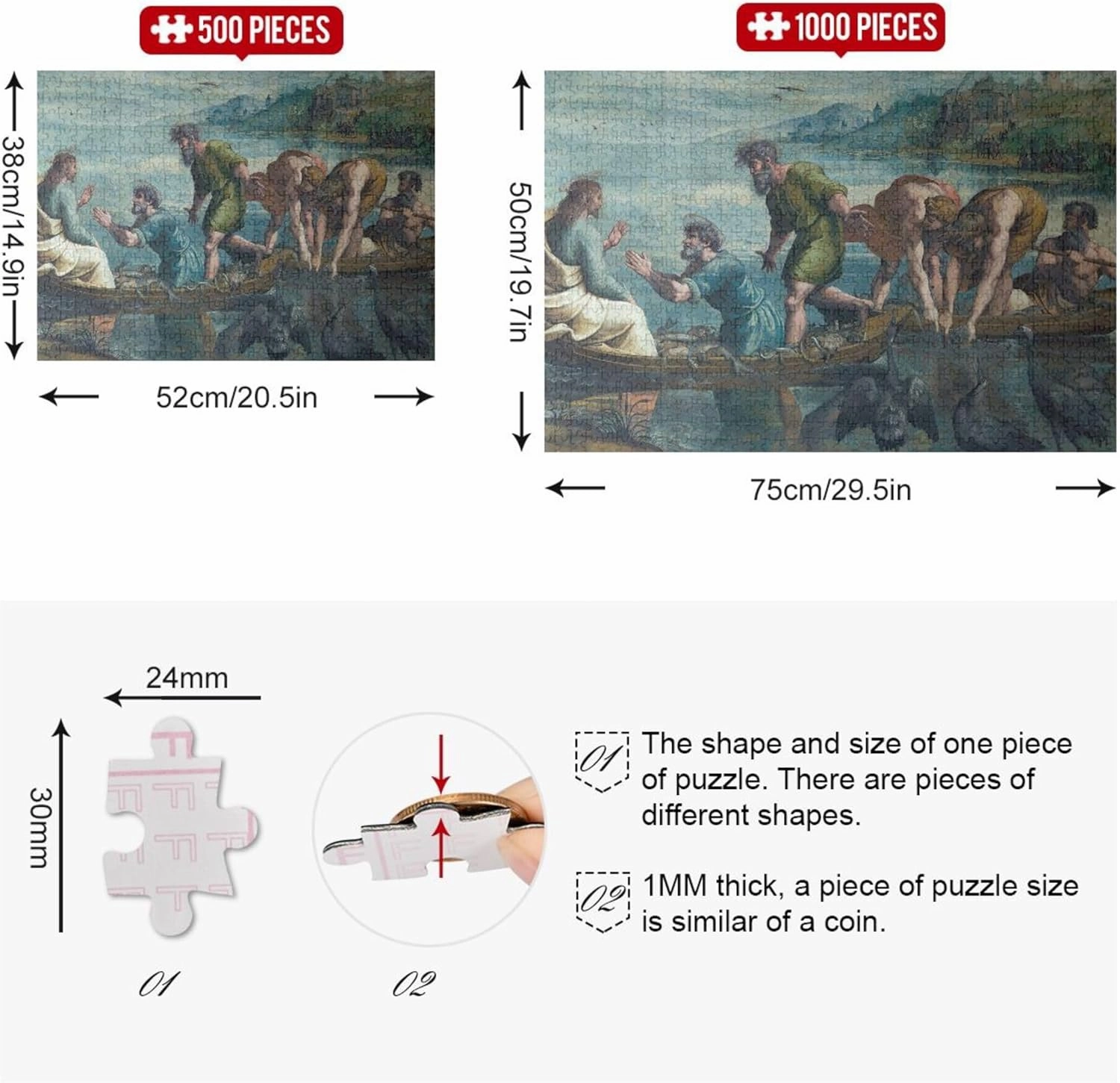 Raphael Miraculous Draught Fishes Adult Puzzles Jigsaw 500 Pieces Gifts for White Elephant Game Unique Puzzles for Adults Artwork Art Puzzle, 20.5x14.9 Inch