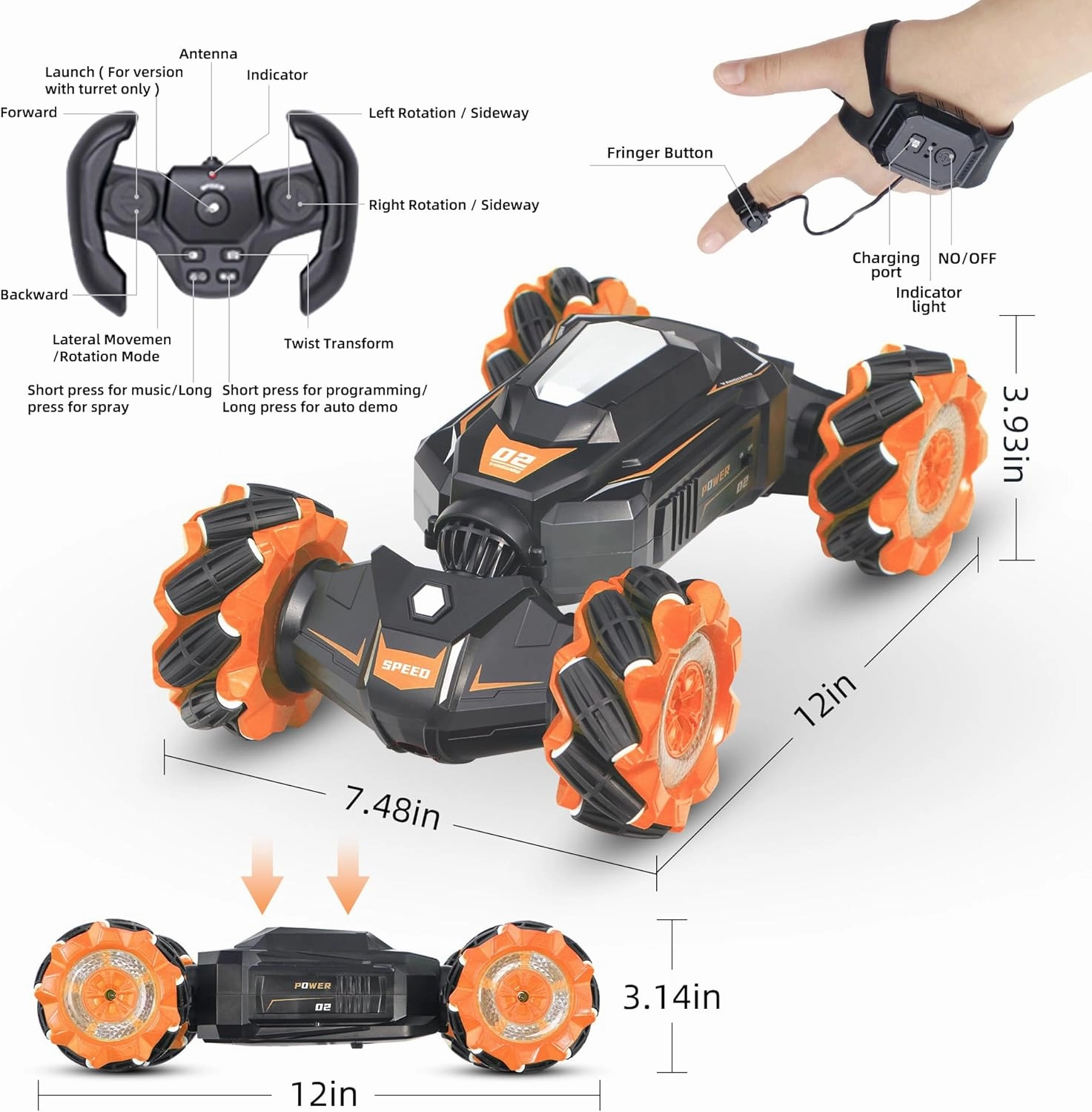 RC Car Shoot Nerf Bullet, Remote Control Hand Gesture Stunt Drift Truck, 360°Rotating Battle Tanks with Soft Bullets Water Bomb, Spray, Music, Led, Toy Gifts （Orange）
