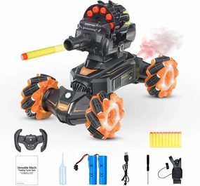 RC Car Shoot Nerf Bullet, Remote Control Hand Gesture Stunt Drift Truck, 360°Rotating Battle Tanks with Soft Bullets Water Bomb, Spray, Music, Led, Toy Gifts （Orange）