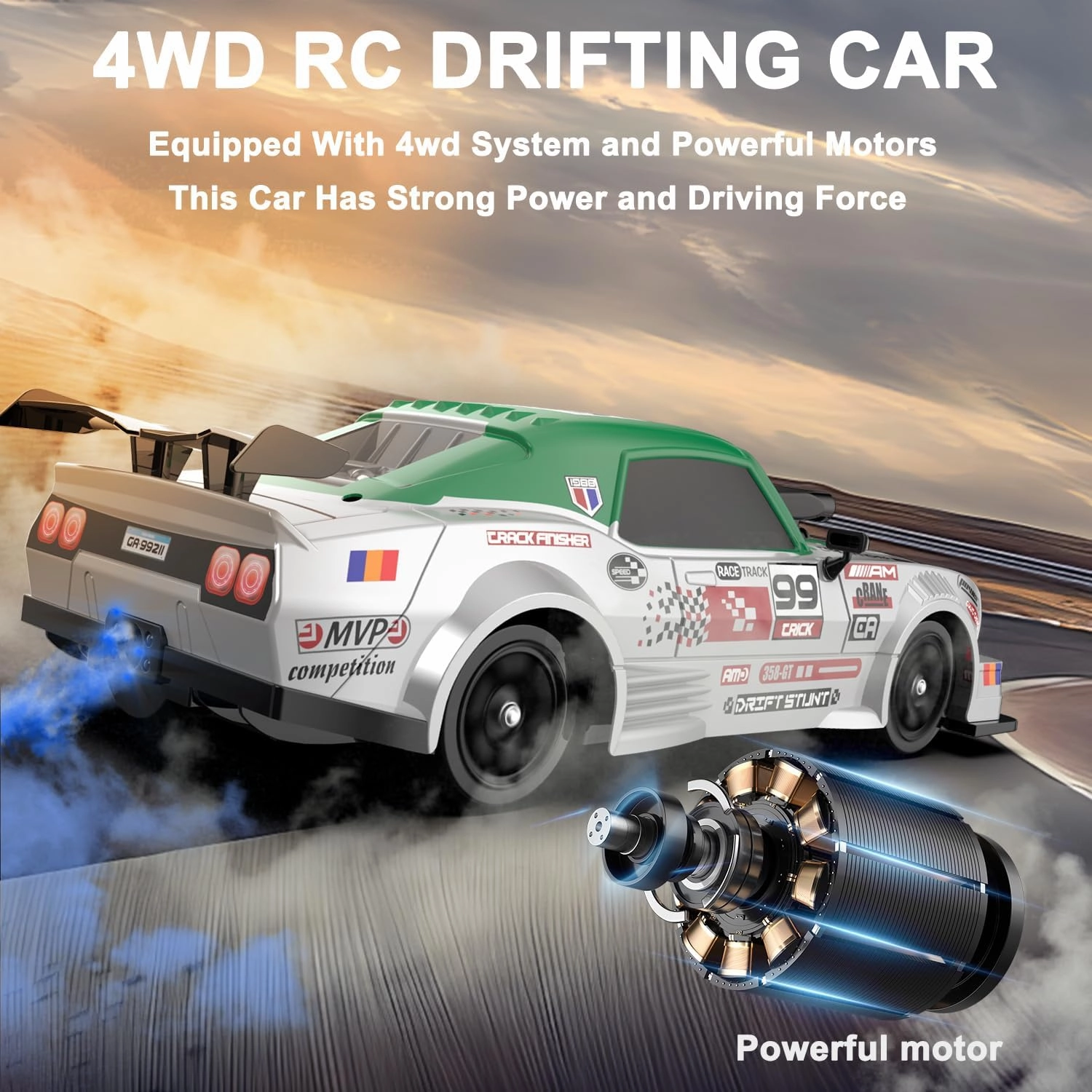 RC Drift Car 1:16 Scale 4WD High Speed Remote Control Cars Vehicle 2.4GHz with LED Lights Two Batteries and Drifting Tires Racing Sport Toy Cars for Adults Boys Girls Kids
