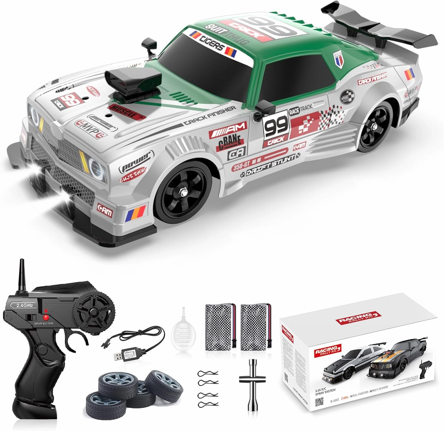 RC Drift Car 1:16 Scale 4WD High Speed Remote Control Cars Vehicle 2.4GHz with LED Lights Two Batteries and Drifting Tires Racing Sport Toy Cars for Adults Boys Girls Kids