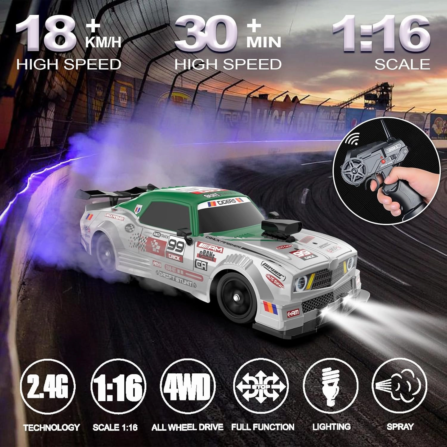 RC Drift Car 1:16 Scale 4WD High Speed Remote Control Cars Vehicle 2.4GHz with LED Lights Two Batteries and Drifting Tires Racing Sport Toy Cars for Adults Boys Girls Kids