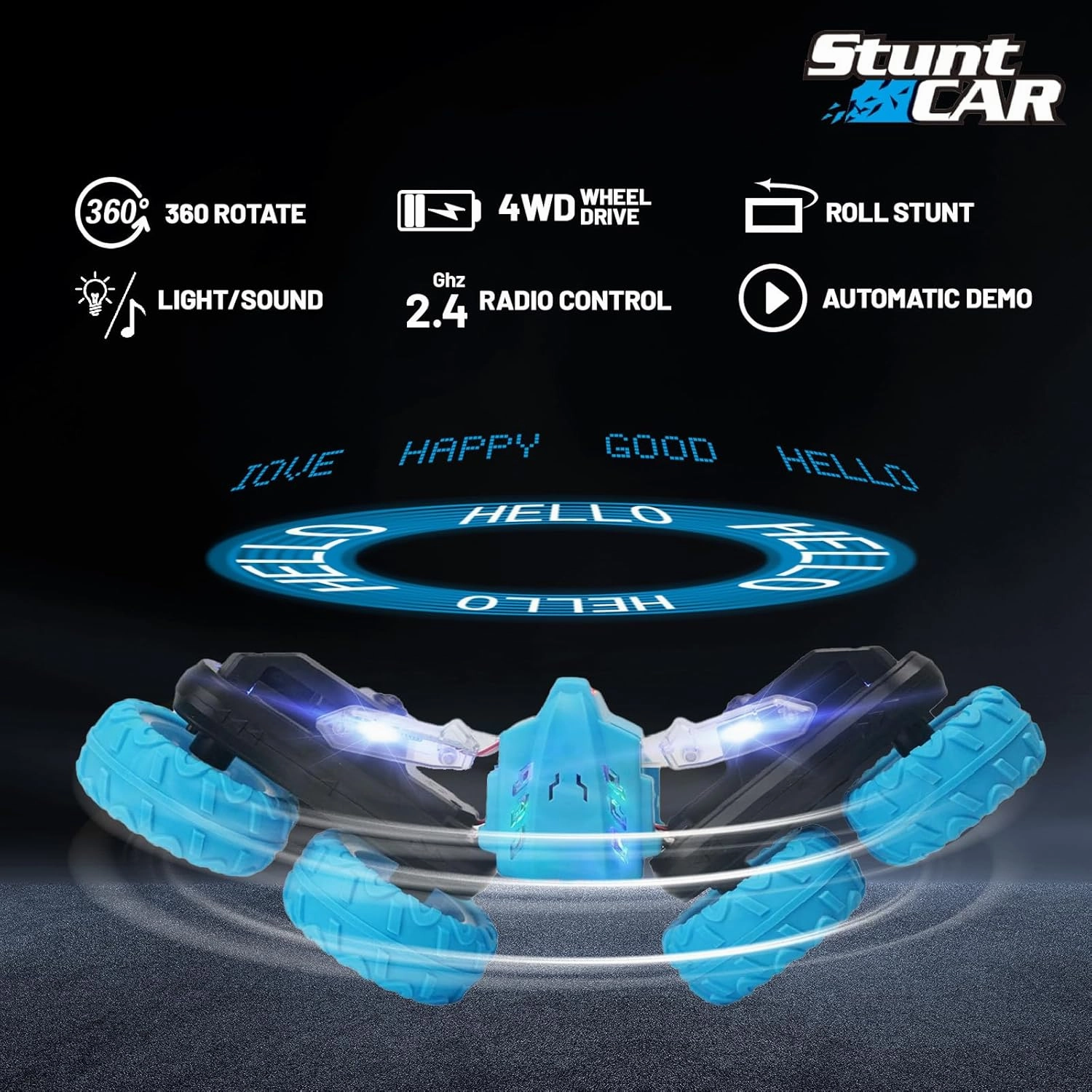 RC Stunt Car for Kids, Remote Control Cars for Boys, Double-Sided 360° Rotating Stunt Toy Cars, 4WD RC Car for Kids, RC Cars Toys with LED Lights for Boys Girls Ages (Blue)