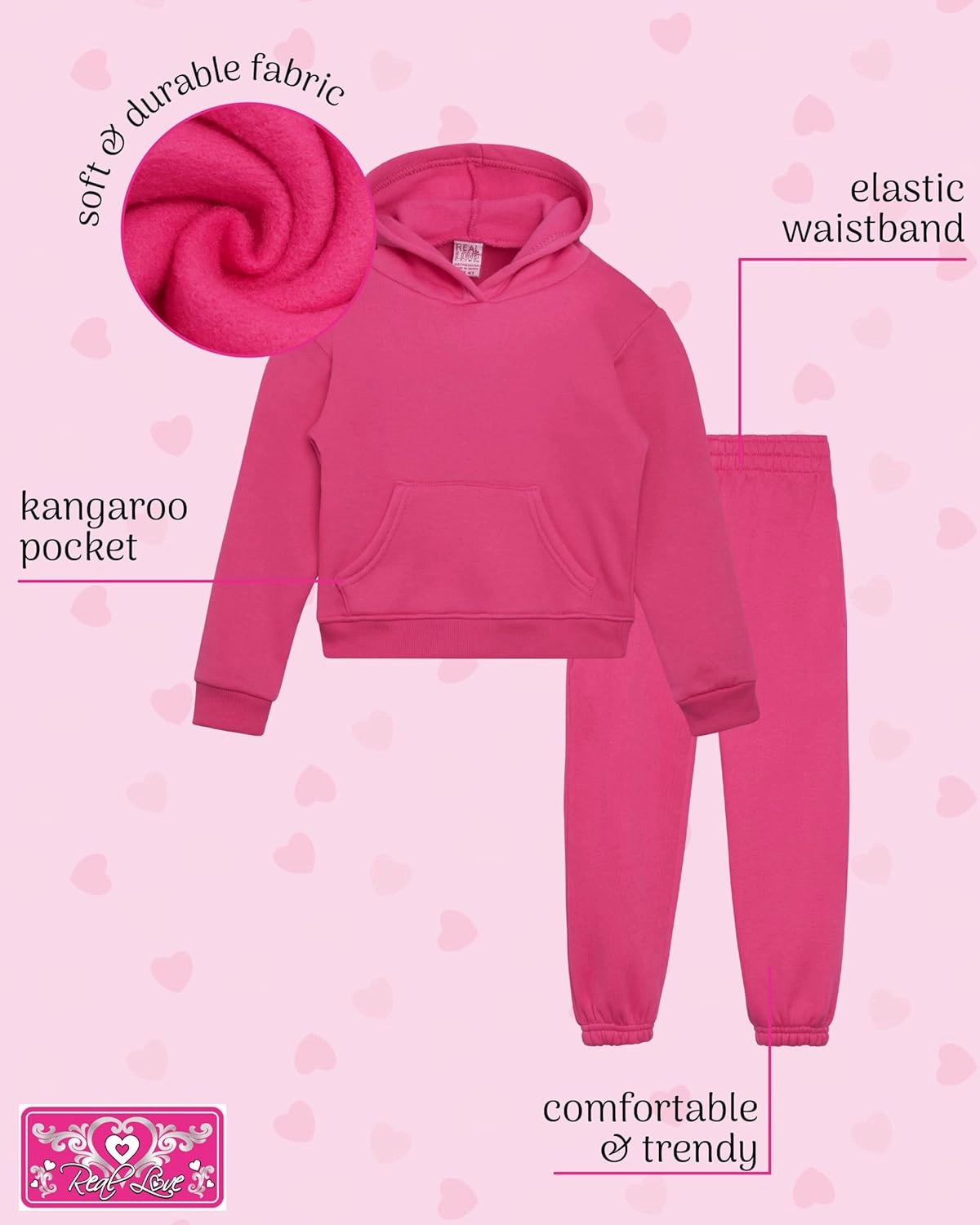 Real Love Toddler Girls' Jogger Set - 2 Piece Soft Fleece Pullover Hoodie and Jogger Pants for Little Girls (2T-6)