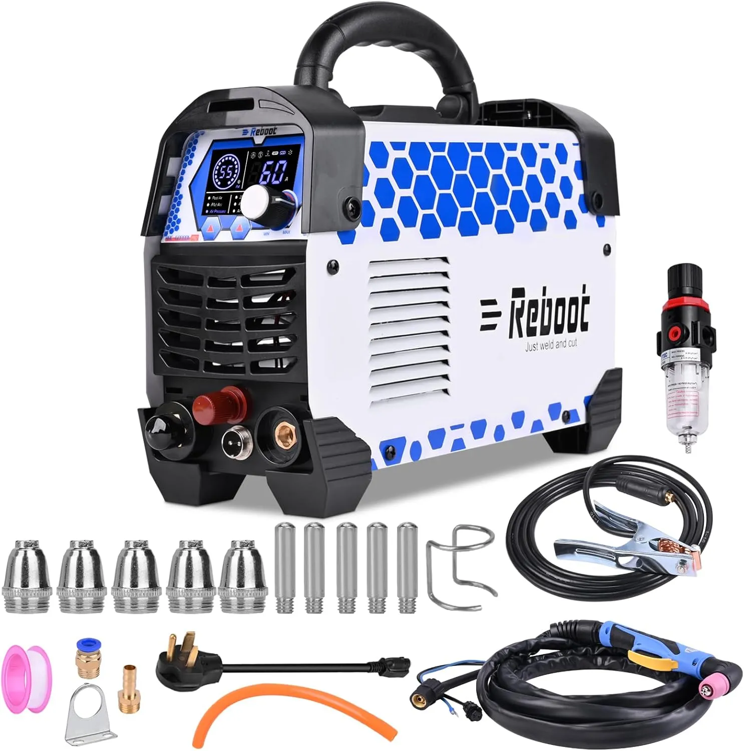 Reboot Plasma Cutter RBC6000DL PRO, 60 Amp Non Touch Pilot Arc Plasma Cutter Machine, 5/8 inch Clean Cut 4/5 inch Severance Cut, Dual Voltage 120V/240V with Consumables, Upgrade Digital Display