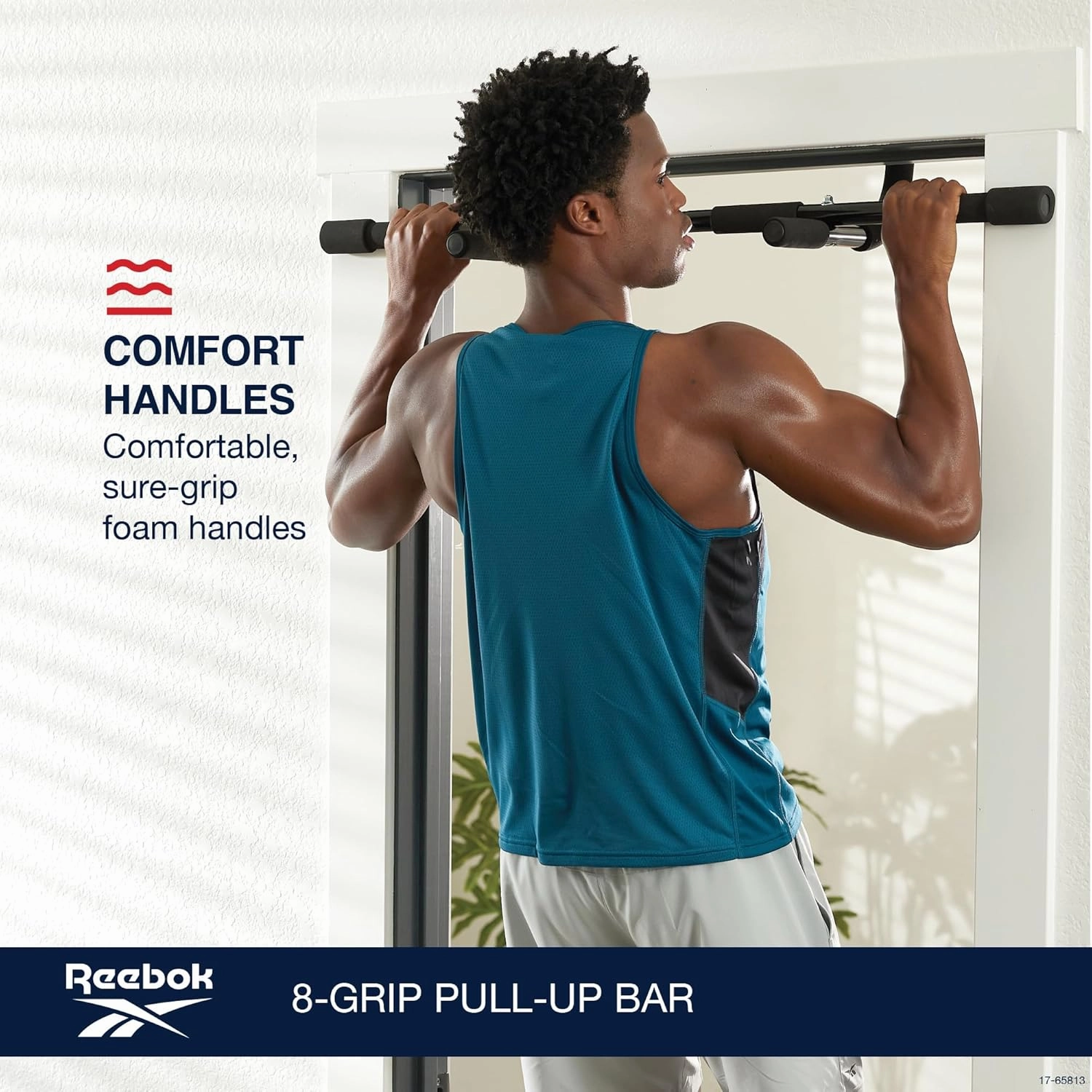 Reebok 8-Grip Pull-Up Bar, Multi-Function Upper Body Workout Rod, Door Frame Fitness Beam with 8 Sure Grip Foam Handles, Portable Chin Up Bar for Strength Training Exercise at Home or Gym