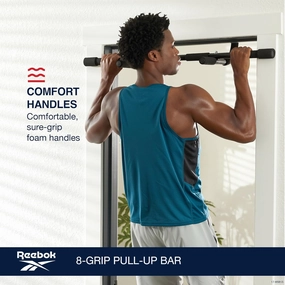 Reebok 8-Grip Pull-Up Bar, Multi-Function Upper Body Workout Rod, Door Frame Fitness Beam with 8 Sure Grip Foam Handles, Portable Chin Up Bar for Strength Training Exercise at Home or Gym