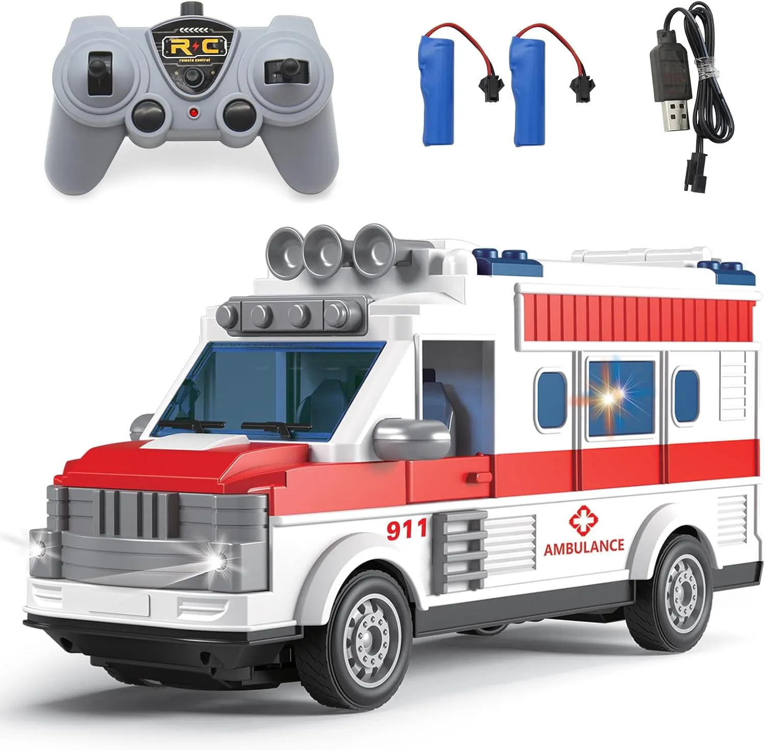 Remote Control Ambulance 2.4G RC Car Aid Truck Toy Model with Flashing Lights Sound Friction Emergency Rescue Vehicle Kids Toy