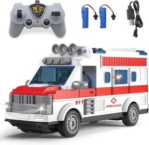 Remote Control Ambulance 2.4G RC Car Aid Truck Toy Model with Flashing Lights Sound Friction Emergency Rescue Vehicle Kids Toy
