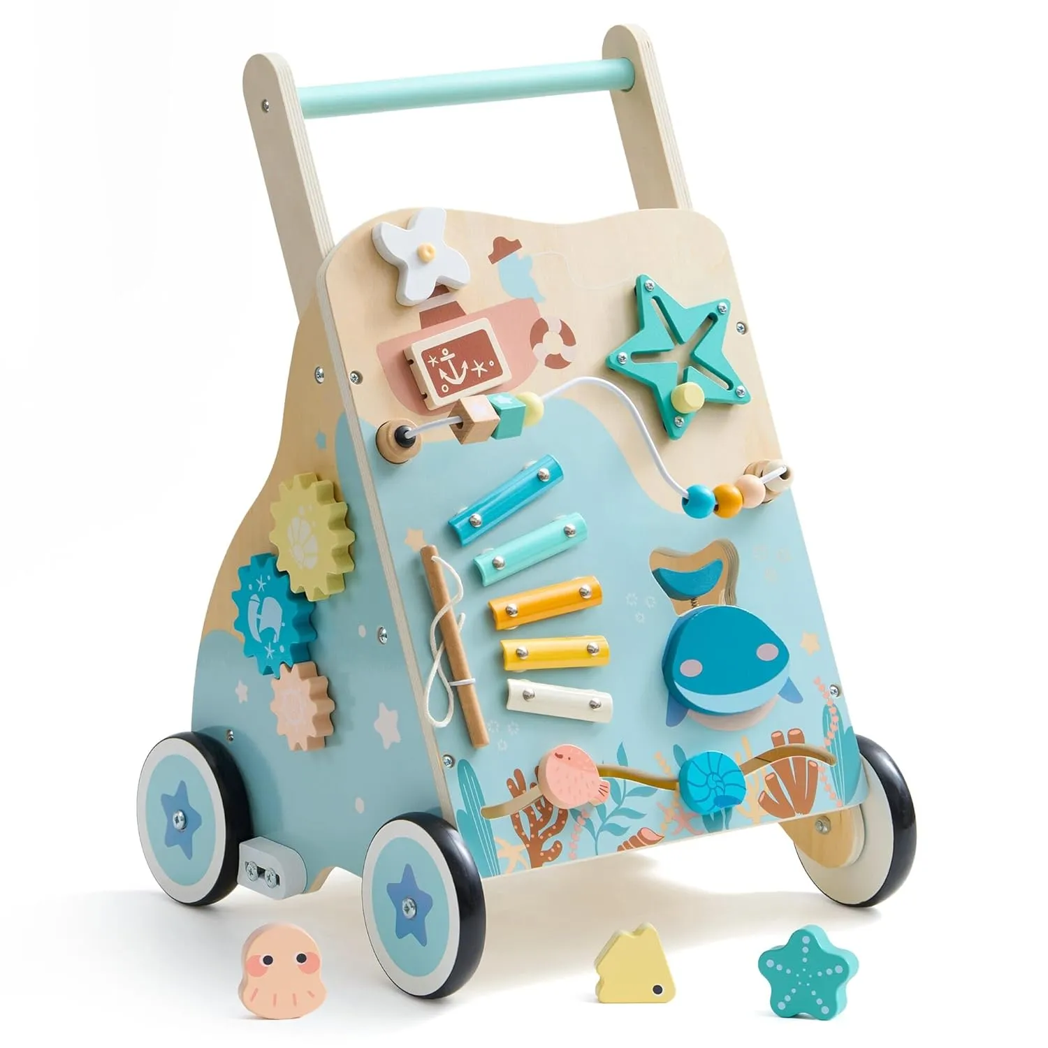 ROBUD Wooden Baby Walker, Montessori Walker Toy, Baby Push Walker with Brake, Activity Center, Adjustable Height Handle, Push Toys for Boys and Girls Learning to Stand and Walk, Ages 10m 