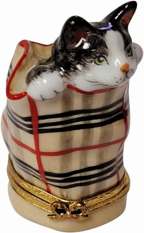 Rochard Cat in Berberry Bag with a Ball of Yarn Limoges Porcelain Box