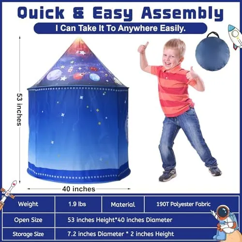 Rocket Ship Space Pop Up Play Tent for Kids-Astronaut Pretend Playhouse Gift for 3-5 6 7 Year Old Girls Boys Toddlers, Foldable Birthday Gifts Kids Tent Toys Indoor Outdoor Kids Play Tent
