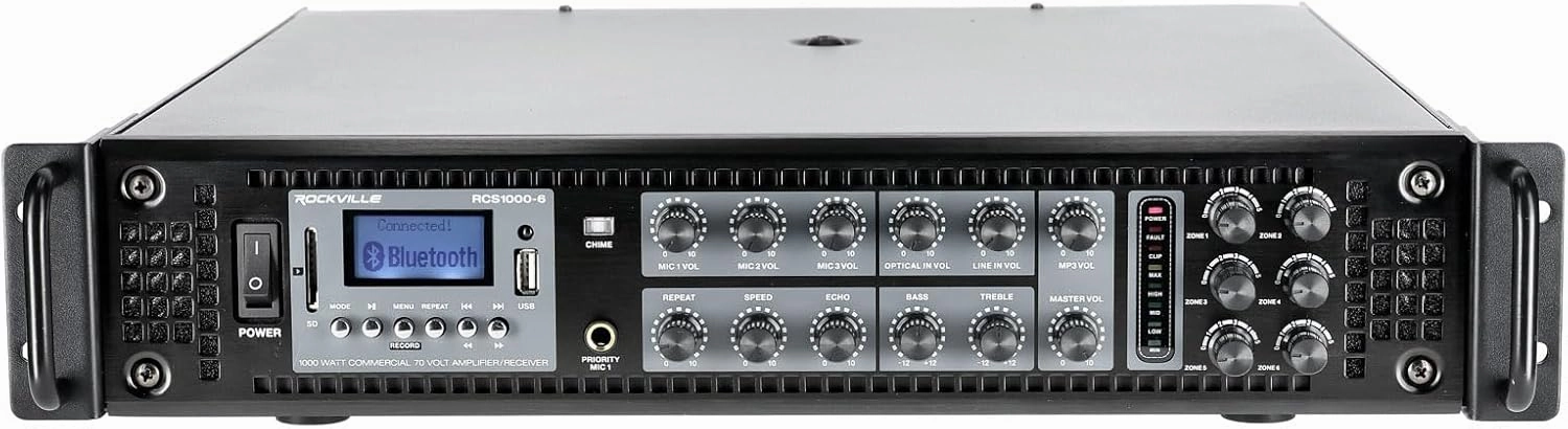 Rockville RCS1000-6 1000W 6-Zone Commercial Amplifier, Bluetooth, USB/SD Inputs, Echo Mic Controls, 70V/100V/8-Ohm Compatibility, Perfect for Restaurants, Schools, and Conference Rooms