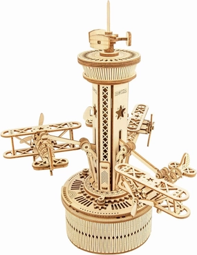 ROKR 3D Wooden Puzzle for Adults Airplane Tower Music Box - DIY Mechanical Model Building Kit 10", Gifts for Boys/Girls/Parents/Family