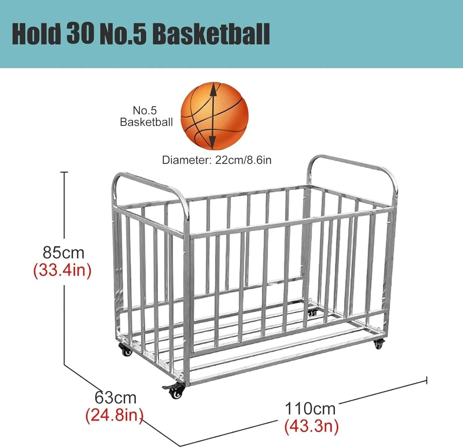 Rolling Basketball Cart with Wheels - Ball Storage Garage Organizer for School/Church, Outdoor Waterproof Ball Bin Sports Equipment Rack Stand