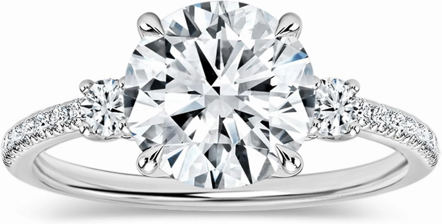 Round Lab Grown White Diamond Classic Three Stone Engagement Ring for Women in 10K Solid Gold