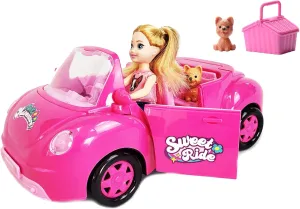 ROXIE Pink Convertible Toy Car for Girls with Doll, Pet, Basket, Open Doors, Gift Halloween Christmas Stocking Stuffer