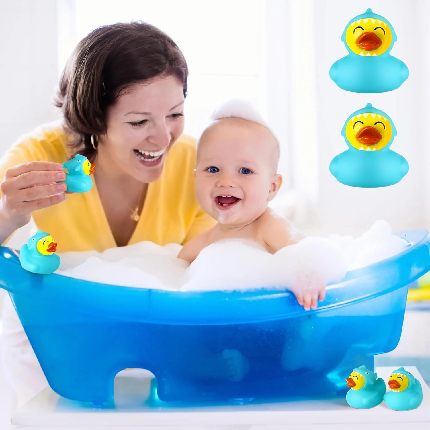 Rubber Duck 2 Inch Duck Bath Toy Floating Rubber Ducky Adorable Party Supplies for Ducky Birthday Party Gift Nature Birds Lovers Hunting Decoration(24 Pcs,Blue Shark)