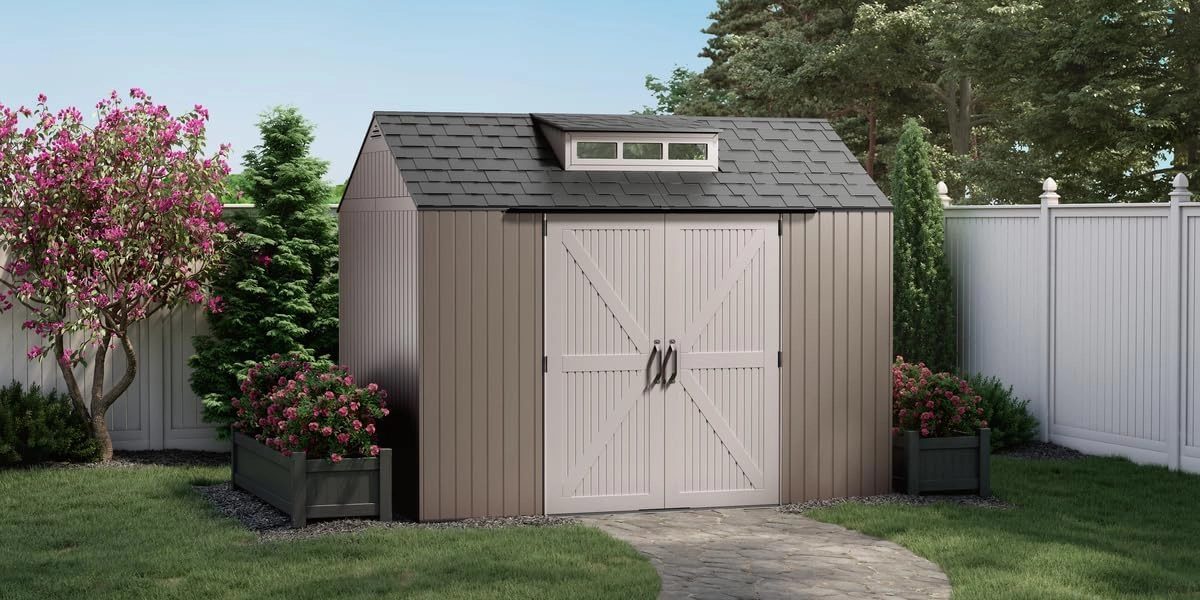 Rubbermaid Extra Large Resin Outdoor Storage Shed With Floor (7 x 10.5 Ft.) Weather Resistant Brown Organization for Home/Lawn Mower/Backyard Equipment/Bike Storage/Pool Supplies