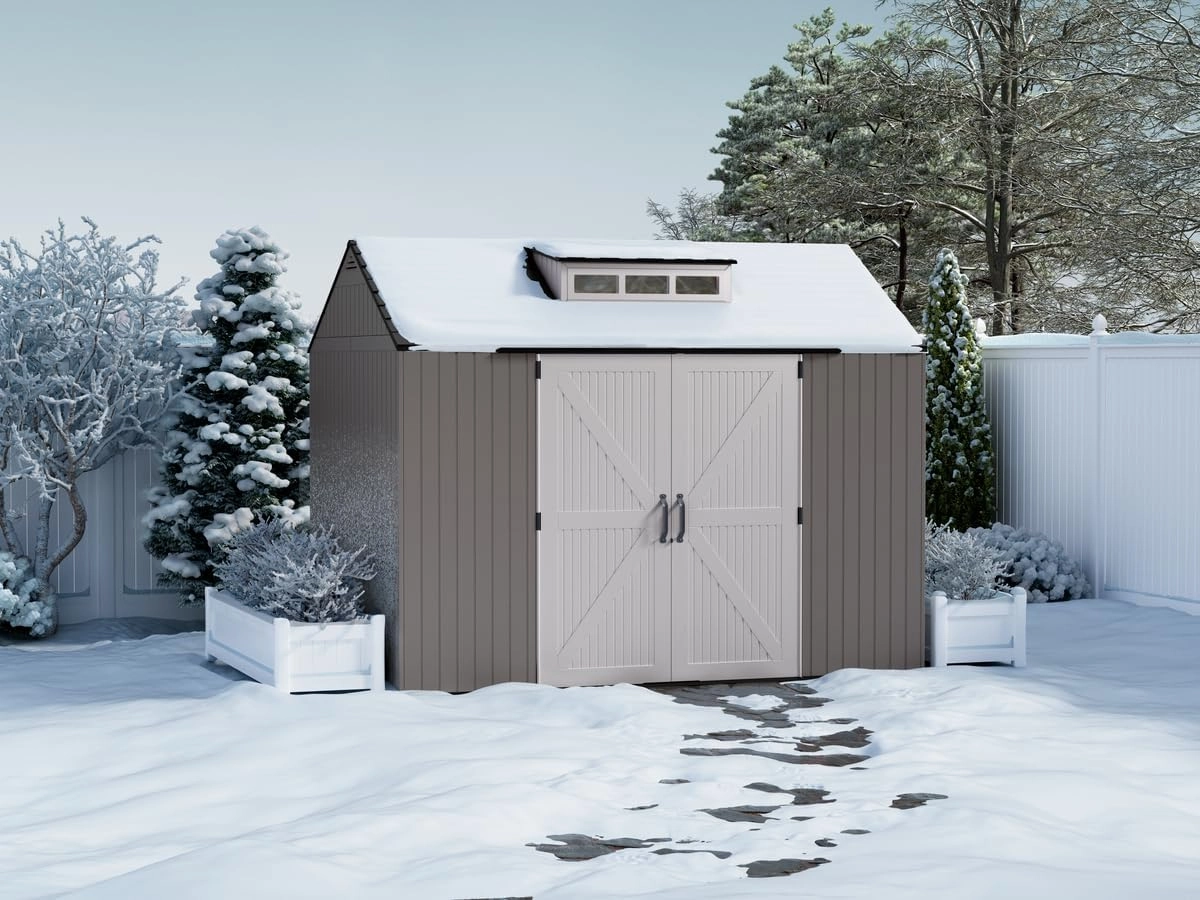Rubbermaid Extra Large Resin Outdoor Storage Shed With Floor (7 x 10.5 Ft.) Weather Resistant Brown Organization for Home/Lawn Mower/Backyard Equipment/Bike Storage/Pool Supplies