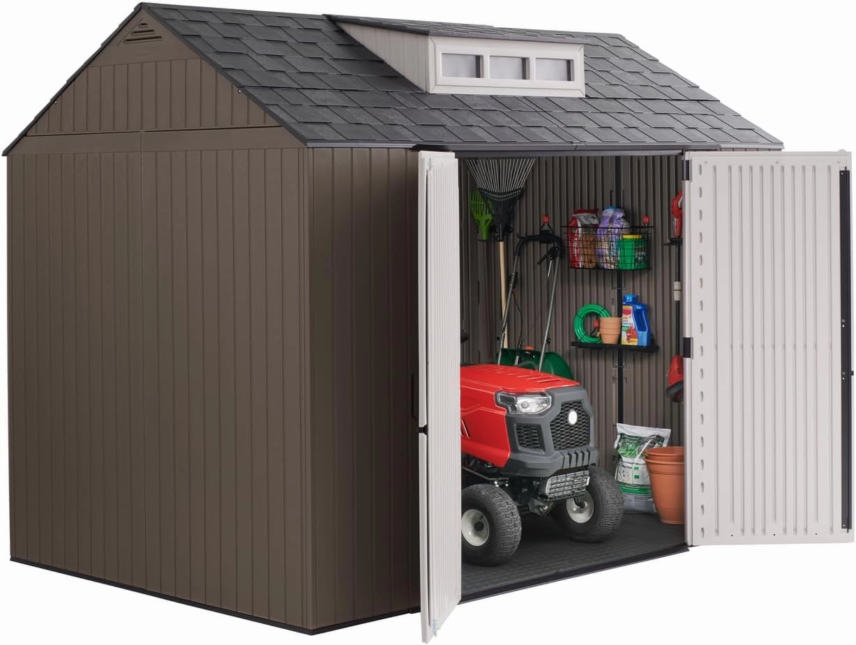Rubbermaid Extra Large Resin Outdoor Storage Shed With Floor (7 x 10.5 Ft.) Weather Resistant Brown Organization for Home/Lawn Mower/Backyard Equipment/Bike Storage/Pool Supplies