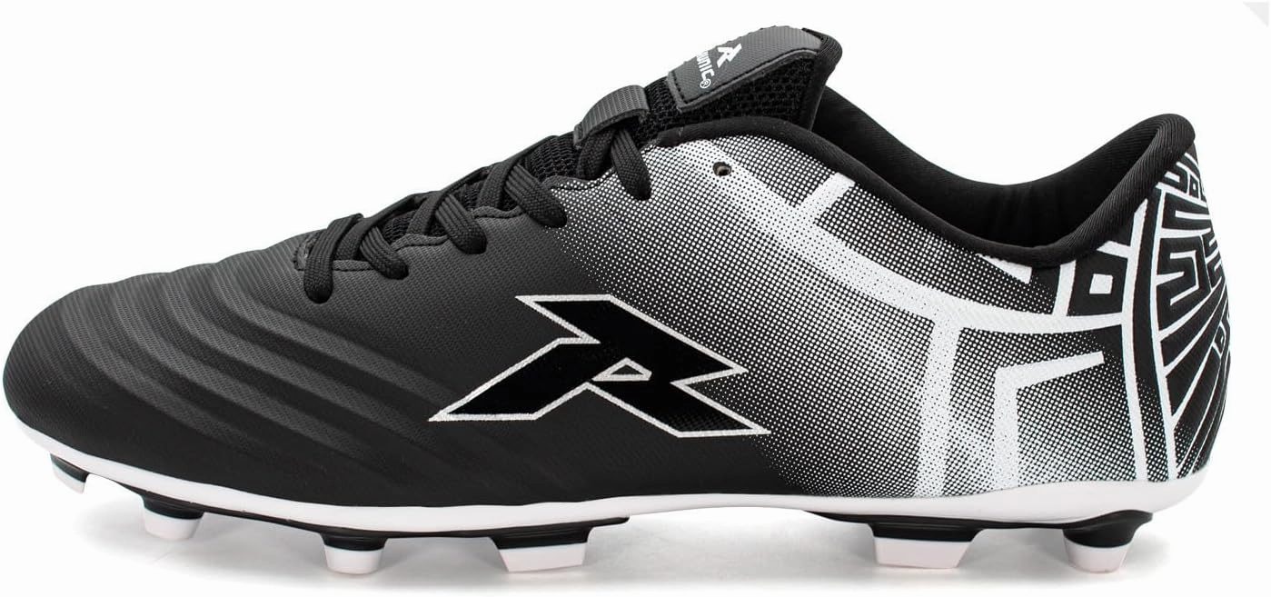 RUNIC Soccer Cleats for Men and Boys – Firm Ground Cleats with Multi-Shaped Studs - Textured Forefoot- Soft Lining -Flexible Upper - Reinforced Stitching - Black/Gold - 6