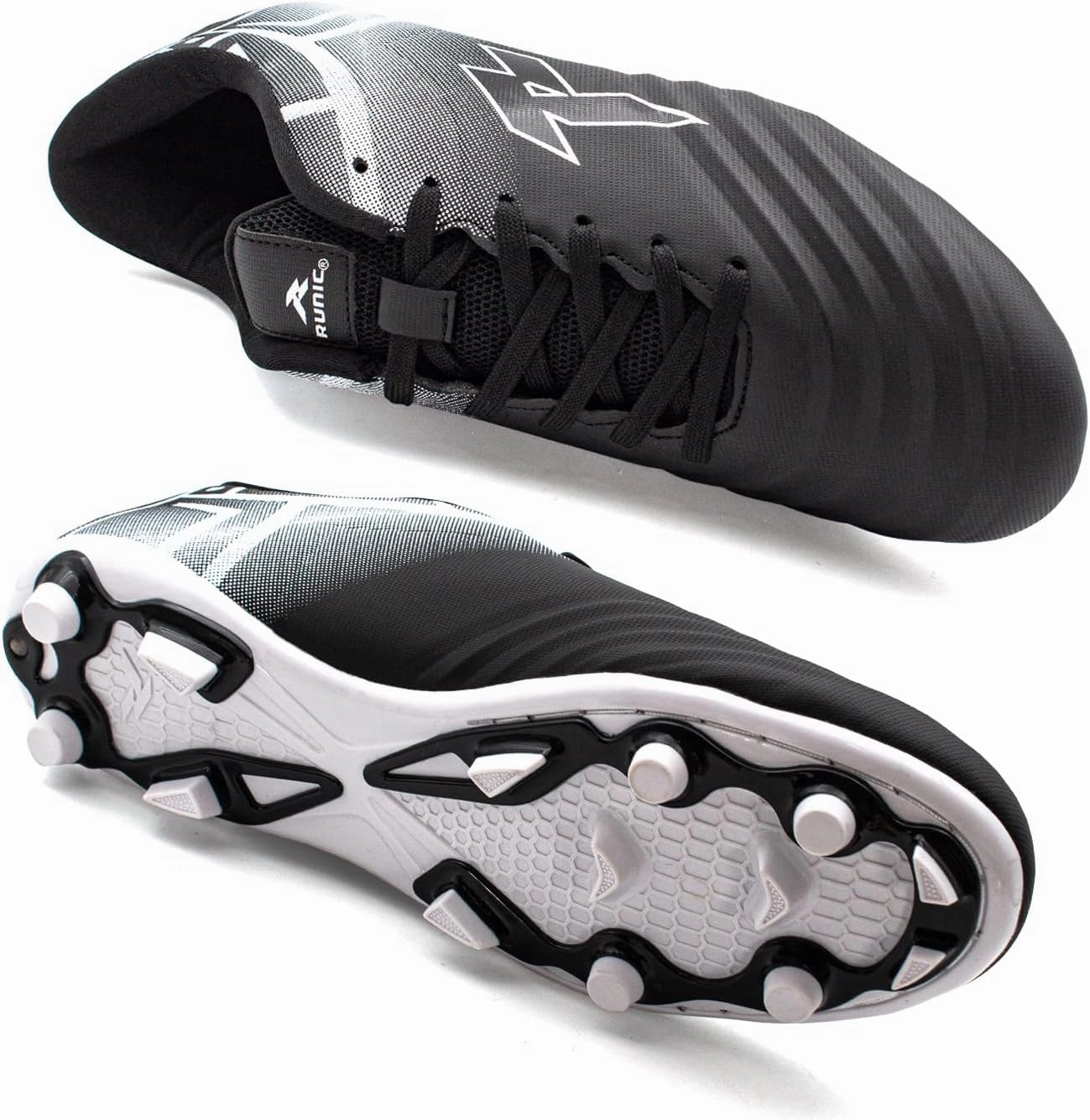 RUNIC Soccer Cleats for Men and Boys – Firm Ground Cleats with Multi-Shaped Studs - Textured Forefoot- Soft Lining -Flexible Upper - Reinforced Stitching - Black/Gold - 6