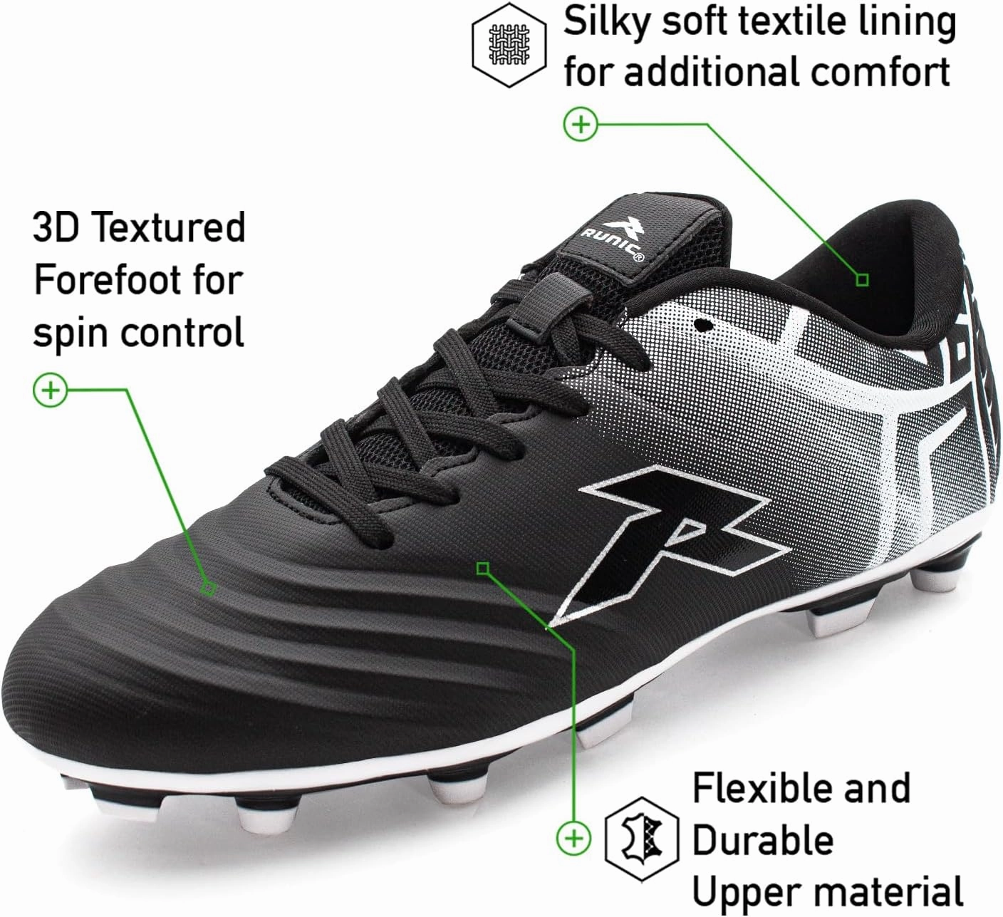 RUNIC Soccer Cleats for Men and Boys – Firm Ground Cleats with Multi-Shaped Studs - Textured Forefoot- Soft Lining -Flexible Upper - Reinforced Stitching - Black/Gold - 6