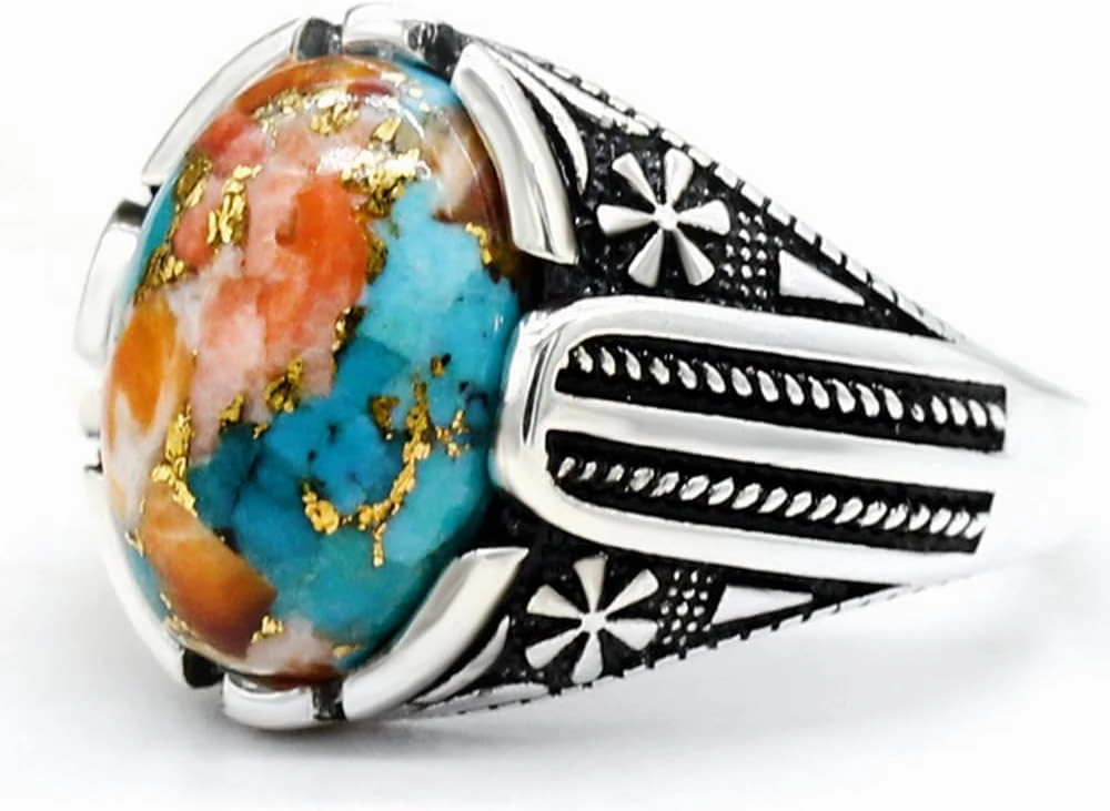 S925 sterling silver oval sky blue stone declaration turquoise men's ring, Türkiye retro carving national design handmade jewelry, gem Valentine's Day anniversary birthday gift for his daily wear