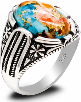 S925 sterling silver oval sky blue stone declaration turquoise men's ring, Türkiye retro carving national design handmade jewelry, gem Valentine's Day anniversary birthday gift for his daily wear