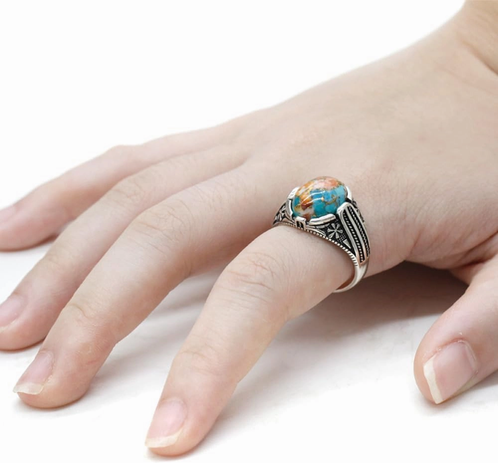 S925 sterling silver oval sky blue stone declaration turquoise men's ring, Türkiye retro carving national design handmade jewelry, gem Valentine's Day anniversary birthday gift for his daily wear