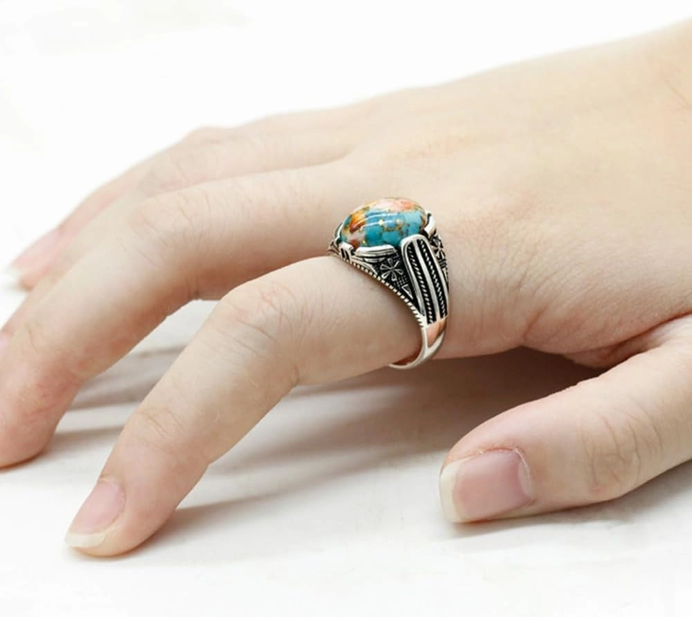 S925 sterling silver oval sky blue stone declaration turquoise men's ring, Türkiye retro carving national design handmade jewelry, gem Valentine's Day anniversary birthday gift for his daily wear