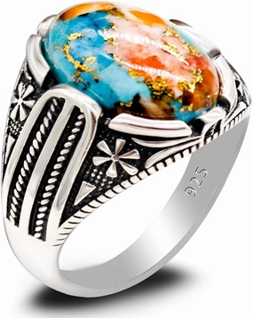 S925 sterling silver oval sky blue stone declaration turquoise men's ring, Türkiye retro carving national design handmade jewelry, gem Valentine's Day anniversary birthday gift for his daily wear