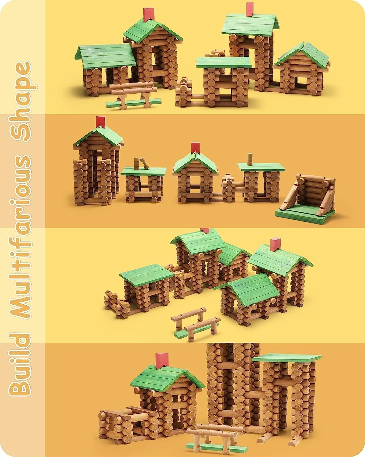 SainSmart Jr. 450 PCS Wooden Log Cabin Set Building House Toy for Toddlers, Classic STEM Construction Kit with Colorful Wood Logs Blocks for 3  Years Old