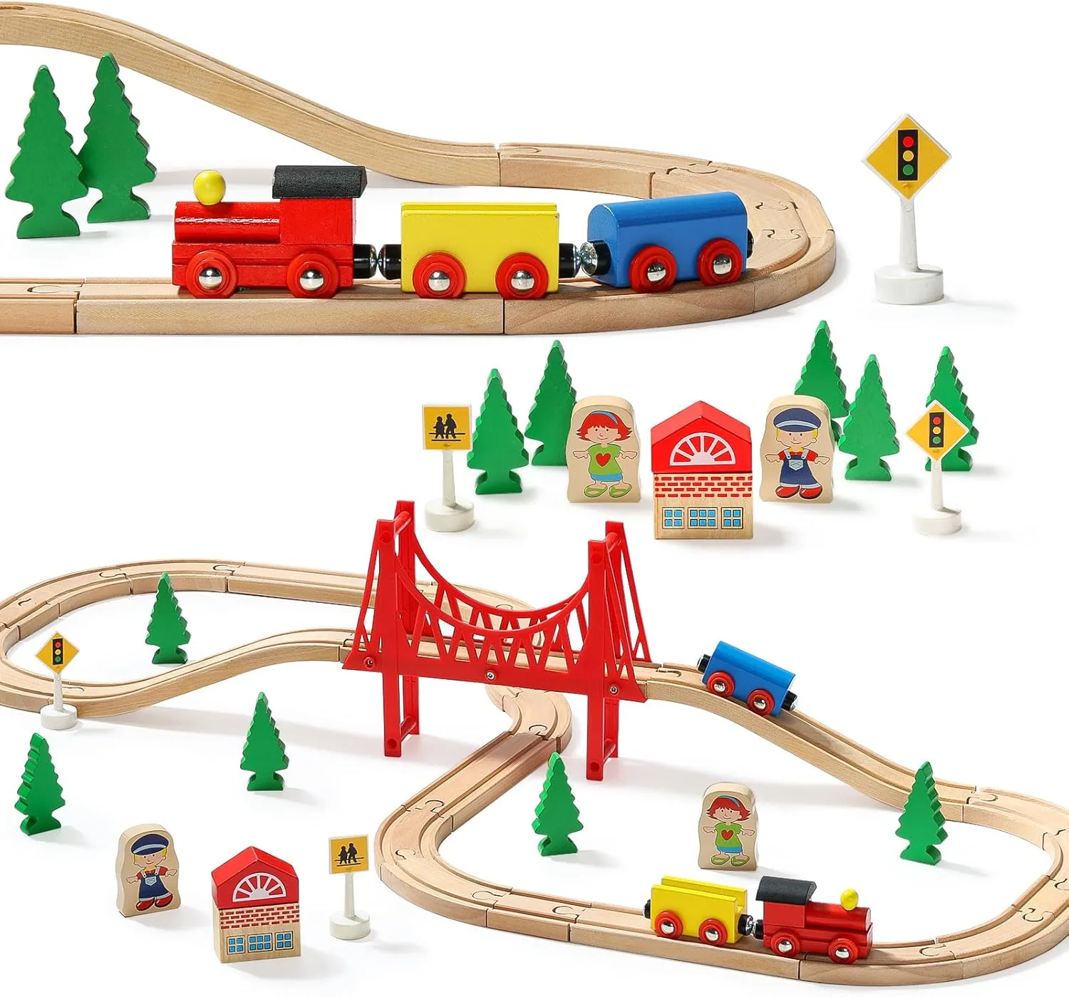 SainSmart Jr. Wooden Train Set for Toddler - Double-Side Wooden Tracks Fits Brio, Thomas, Melissa and Doug - Expandable, Changeable-Kids Wood Toy Train for 3,4,5 Year Old Boys and Girls