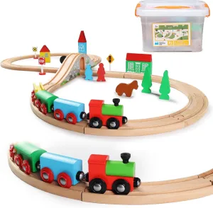 SainSmart Jr. Wooden Train Set for Toddler with Double-Side Train Tracks Fits Brio, Thomas, Melissa and Doug, Kids Wood Toy Train for 3,4,5 Year Old Boys and Girls (Small Town with Container)