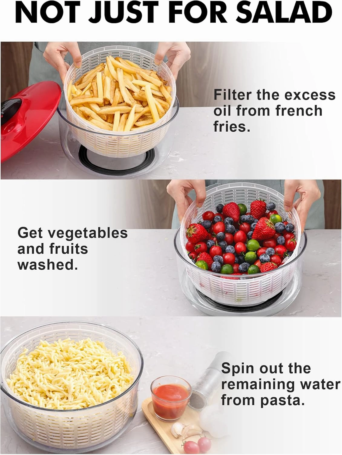 Salad Spinner Large 5L Capacity, Easy to Clean Lettuce Spinner with Bowl, Vegetable Washer Dryer Dishwasher Safe Ideal for Vegetables and Fruits without BPA, Large 4.5 Quart