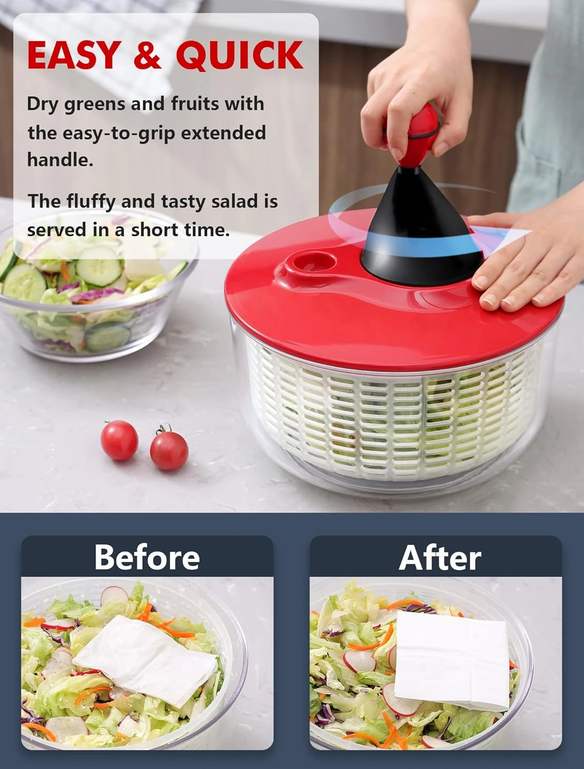 Salad Spinner Large 5L Capacity, Easy to Clean Lettuce Spinner with Bowl, Vegetable Washer Dryer Dishwasher Safe Ideal for Vegetables and Fruits without BPA, Large 4.5 Quart