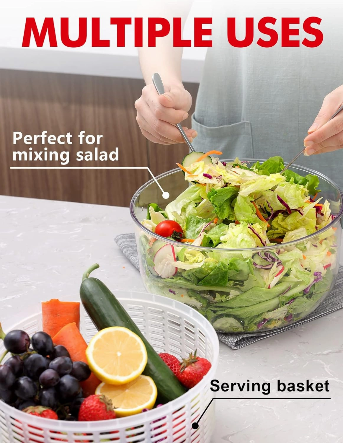 Salad Spinner Large 5L Capacity, Easy to Clean Lettuce Spinner with Bowl, Vegetable Washer Dryer Dishwasher Safe Ideal for Vegetables and Fruits without BPA, Large 4.5 Quart