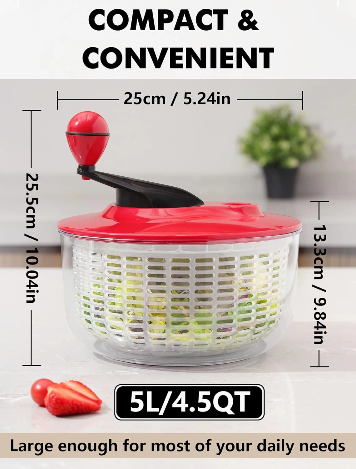 Salad Spinner Large 5L Capacity, Easy to Clean Lettuce Spinner with Bowl, Vegetable Washer Dryer Dishwasher Safe Ideal for Vegetables and Fruits without BPA, Large 4.5 Quart